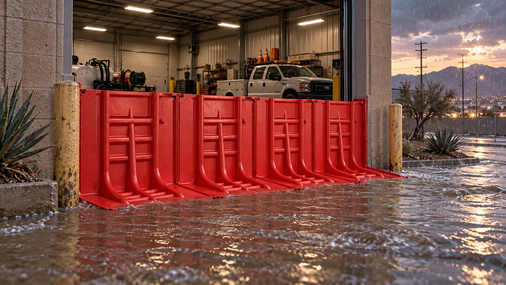 Render conceptual de 100X instalado en un taller de servicios frente a agua acumulada