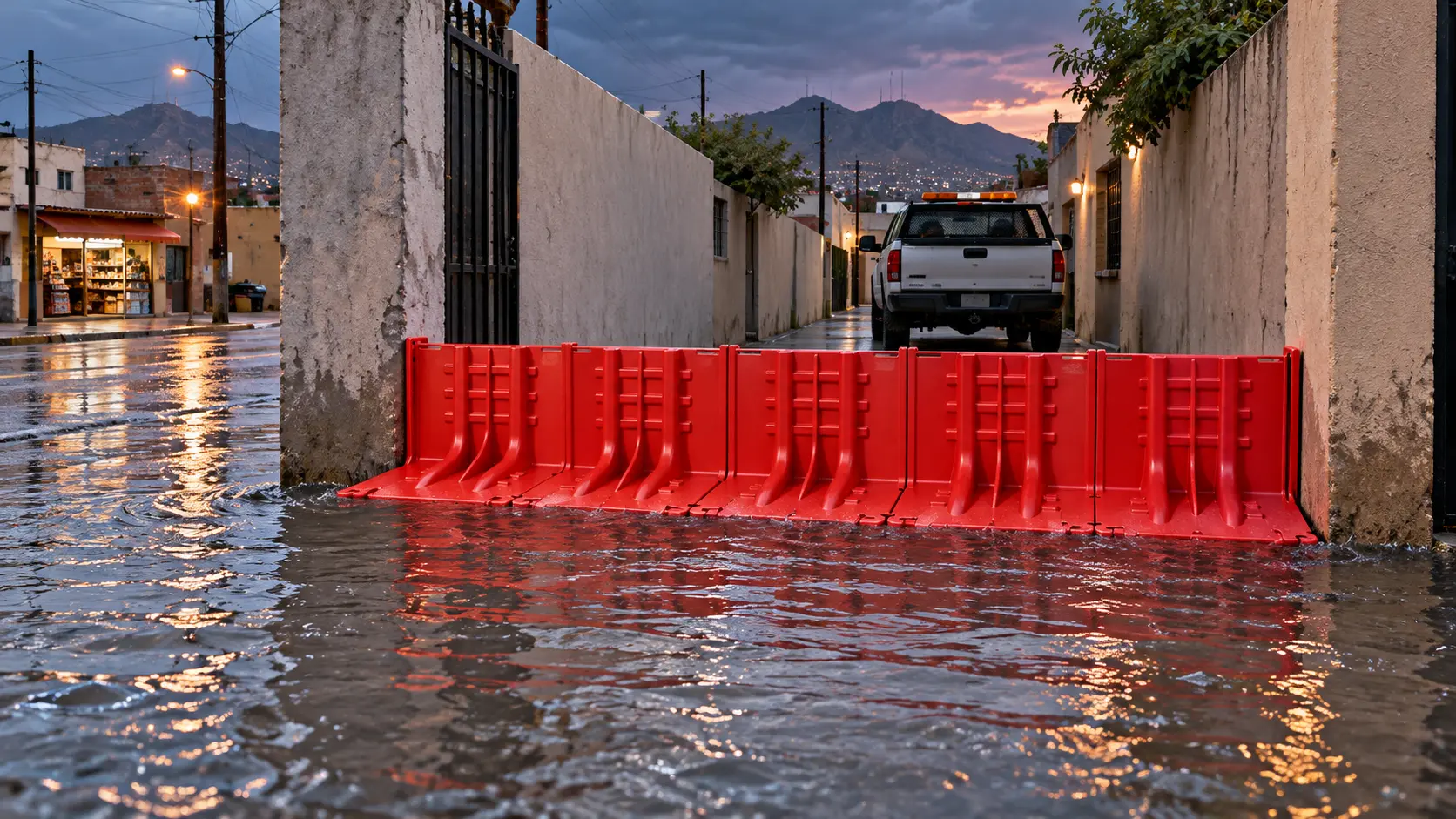 Visualización de barreras rojas antiinundación protegiendo la entrada de una cochera en una calle de Ciudad Juárez
